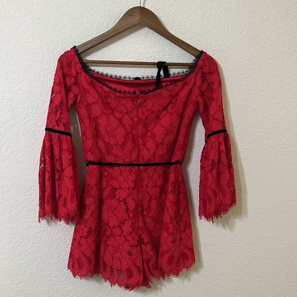 Alexis | Layla Off-the-Shoulder Red Lace Black Velvet Romper - Picture 6 of 6